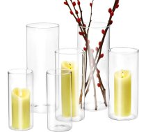 QWORK® 6 stikla vāžu komplekts, cilindriskas stikla vāzes 25 cm / 20 cm / 15 cm, daudzpusīgas galda dekorēšanas vāzes, ziediem, svecēm un kāzām