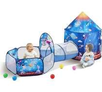 VEVOR 3-in-1 bērnu rotaļu telts ar tuneli zēniem, meitenēm, zīdaiņiem un mazuļiem; ātri uzstādāma rotaļu māja lietošanai telpās un ārā, komplektā ar pārnēsāšanas somu un stiprinājuma auklām; tumši zila krāsa ar raķešu motīvu