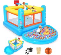 AKEYDIY piepūšamā atrakcija ar bumbu baseinu, 270 x 172 x 128 cm, piepūšama PVC atrakcija bērniem vecumā no 3 līdz 6 gadiem, lietošanai telpās un ārā, komplektā ietilpst basketbola grozs, spēles plāns, kompresors un
