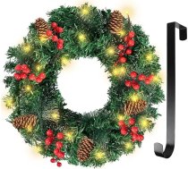 Ziemassvētku vainags 16 collu Adventa vainags Mākslīgais Ziemassvētku durvju vainags ar 30 LED diodēm, Ziemassvētku vainags ar priežu čiekuriem, sarkanām ogām, pakaramais Ziemassvētku rotājums priekšējām durvīm, kāpnēm, veikala logam