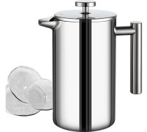 Cafetiere franču preses kafijas automāts, 1500 ml liels izolēts kafijas automāts, dubultās sienas izolācija, nerūsējošais tērauds, 3 pakāpju filtra sistēma, franču preses automāts mājām, kempingiem un birojam, sudraba krāsā