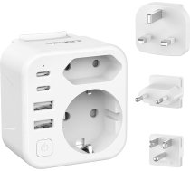 JSVER ceļojuma adaptera komplekts pasaules mērogā, starptautiskā ceļojuma kontaktdakša, 2 nodalījumi ar 4 USB (2 USB C), 3 noņemami adapteri ar slēdzi, C/G/B tipa kontaktdakša ASV, Eiropai, Anglijai, Lielbritānijai, Taizemei (balta)