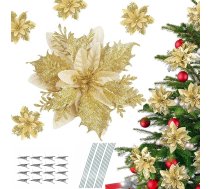 20 Ziemassvētku gliteru poinsētijas ziedu komplekts ar klipiem, gliteru poinsētijas mākslīgie Ziemassvētku dekorēšanas ziedi, mākslīgie ziedi Ziemassvētku eglīšu rotājumiem, kāzu dekorēšanai, Jaunajam gadam