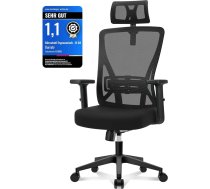 Ergonomisks biroja krēsls ar regulējamu galvas balstu, roku balstiem, jostas balstu, regulējamu augstumu, grozāms 90°-130° leņķī, vadības krēsls, 150 kg kravnesība, melns