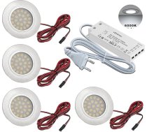JungesLicht - 4 x LED mēbeļu iebūvējamie prožektori - 55-60 mm caurumiem, īpaši plakani (10 mm), 2 vati 12 V, 200 lūmeni, dienasgaismas baltā krāsā, 6000 K - ar transformatoru un savienojuma kabeli - viegli pievienojami.