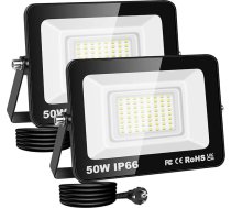 RIGIDON LED prožektors āra un iekštelpu apgaismojumam ar kontaktdakšu, 2 x 50 W 5000 LM 230 V prožektors, prožektors dārzam, garāžām, pagalmiem, pagalviem, būvlaukumiem, darba prožektors, 6000 K Cool White, ūdensizturīgs