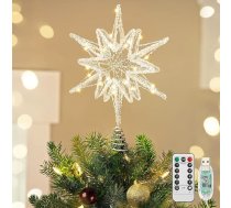 Luxspire Ziemassvētku eglītes virsotnes rotājums, apgaismota zvaigzne ar USB savienojumu un tālvadības pulti, 25 cm, LED metāla Ziemassvētku rotājums, vintage un moderns rotājums mājas ballītei, kristāls, sudraba sešstūris