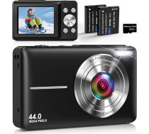 Digitālā kamera, kompaktā kamera ar 44 MP fotoattēlu, 1080P video, 2,4 collu IPS ekrāns, 16X digitālā tālummaiņa, 32 GB TF karte, 2 baterijas, piemērota pusaudžiem un zēniem, meitenēm, melna krāsa