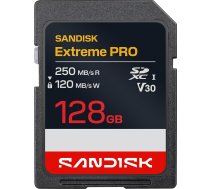 SANDISK Extreme PRO SD UHS-I karte 128 GB (līdz 250 MB/s lasīšanas ātrums un 120 MB/s rakstīšanas ātrums, 4K UHD video, U3, V30) Memroy Zone lietotne