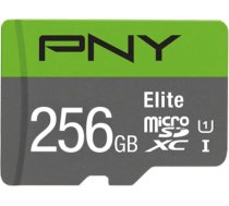 PNY Elite 256 GB microSDXC atmiņas karte + SD adapteris, 100 MB/s lasīšanas ātrums, 10. klase UHS-I, U1, A1 App Performance, V10 Full HD video uzņemšanai