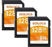Ediloca EF2 EF2 UHS-I 128GB 3-Pack Atmiņas karte 100MB/s lasīšanai, 90MB/s ierakstīšanai, C10, U3, V30, Full HD un 4K video, SD karte profesionāliem fotogrāfiem
