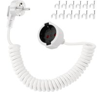 Schuko pagarinātājs Spirālveida kabelis 2 m Aizsargkontaktu spirālveida pagarinājums no 0,6 m līdz 2 m Izstiepts spirālveida kabeļa pagarinājums ar savienotāju 230 V/16 A, īss, piemērots mājām, birojam, āra telpām, balts