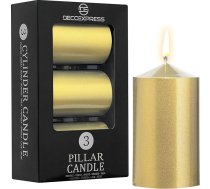 DECO EXPRESS Metallic Pillar Candle Set, 3 iepakojums, sveces, deg 30 stundas, bez smaržas (zelta krāsā - 3 gab.)