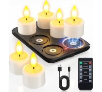 Yme 6 uzlādējamas LED tējas gaismas ar magnētisko uzlādes staciju un tālvadības pults taimeri, mirgojošas un aptumšojamas, IP54 ūdensizturīgas sveces dārzam, viesistabai, Helovīnam, Ziemassvētku ballītei