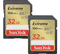 SanDisk Extreme SDHC UHS-I atmiņas karte, 2 gab., 32 GB (V30, 100 MB/s datu pārraide, U3, 4K UHD video, ūdensizturīga, triecienizturīga, temperatūras izturība)