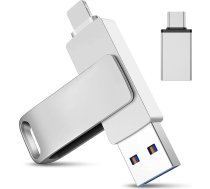 USB zibatmiņas karte 128 GB iPhone, 3-in-1 atmiņas karte ar USB C, USB 3.0 un L, OTG foto zibatmiņas karte iPhone/iPad/Android/PC/Mac, ārējā atmiņa fotoattēlu un video dublēšanai, sudraba krāsā (128 GB)