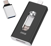 USB zibatmiņas karte iPhone 256 GB, [MFi sertificēta] 4-in-1 zibatmiņas karte iPhone fotoattēliem, video, pārsūtīšanai un dublēšanai, bez lietotnes, saderīga ar iOS/Android/PC/Mac, melna