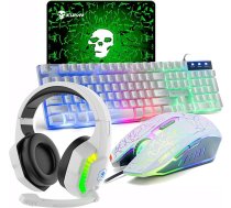 AK izkārtojums 4 in 1 spēļu tastatūras un peles komplekts Rainbow Backlit USB spēļu tastatūra + 2400 DPI 6 pogas optiskā Rainbow LED USB pele + spēļu austiņas + peles paliktņi datoram/datoram