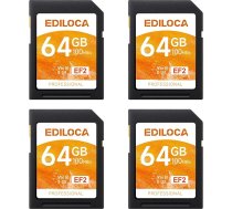 EF2 UHS-I atmiņas karte 64GB 4-Pack Lasīšana 100MB/s, ierakstīšana 45MB/s, C10, U1, V10, Full HD un 4K video, SD karte profesionāliem fotogrāfiem