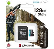 Kingston 128 GB microSDXC Canvas Go Plus 170MB/s lasīšanas ātrums UHS-I, C10, U3, V30, A2/A1 atmiņas karte + adapteris (SDCG3/128GBCR)