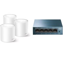 TP-Link Deco X50 Mesh WLAN komplekts (3 iepakojums), Wi-Fi 6 AX3000 Dual Band maršrutētājs un retranslators un LS105G 5 portu gigabitu tīkla komutators