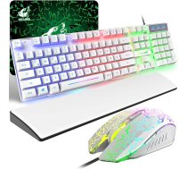Spēļu tastatūra un pele ar plaukstas balstu, QWERTZ vācu izkārtojums, varavīksnes LED fona apgaismojums, ergonomiska tastatūra, 6 taustiņi, 2400 DPI, pele un peles paliktnis Windows Mac, PS4, balts