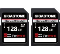 GIGASTONE UHS-II V60 128GB 2-Pack SD karte, Camera Ultimate, līdz 280/100MB/s, U3 SDXC 4K Ultra HD UHD video DSLR Canon ar 2 mini vāciņiem
