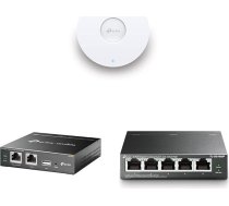 TP-Link EAP653 AX3000 AX3000 Gigabit Dual-Band WiFi 6 WLAN piekļuves punkts un OC200 Omada Hybrid PoE aparatūras kontrolieris EAP sērijai un TL-SG1005P PoE slēdzis 5 portu gigabitu LAN slēdzis ar 4 PoE+ porti