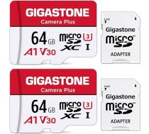 Gigastone Camera Plus 64GB MicroSDXC atmiņas karte 2-Pack + SD adapteris rīcības kamerām un droniem, lasīšanas ātrums līdz 95MB/s, Full HD video ierakstīšana, A1 U3 klases 10 Micro SD karte UHS-I