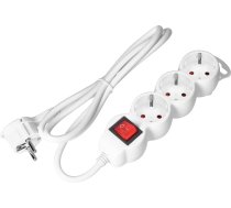 3gang 2P+Z (Schuko) pagarinātājs, ar slēdzi, 5m H05VV-F 3x1.5mm2, Imax=16A, plakana kontaktdakša, balts