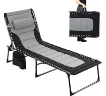 Clevich XXL saliekamais sauļošanās krēsls, 199 x 66 cm, lielizmēra sauļošanās krēsls ar 5 virzienos regulējamu atzveltni, dārza atpūtas krēsls ar spilvenu un sānu kabatu, kempinga atpūtas krēsls līdz 150 kg pludmalei, baseinam