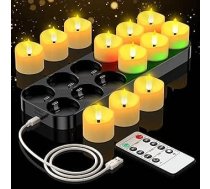 Uzlādējamas LED tējas sveces, 12 gab., nedegošas tējas gaismas ar uzlādes staciju, taimera funkciju un tālvadības pulti, ar akumulatoru darbināmas LED sveces Ziemassvētkiem, Helovīnam, lūgšanām.