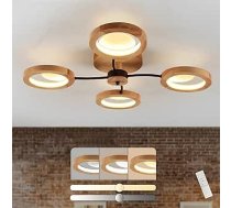 Mūsdienīgs LED griestu gaismeklis, diametrs 74 cm, lustra ar tālvadības pulti, 3000 K - 6000 K, melns stienis + 4 koka gredzeni, metāla apaļš abažūrs, dzīvojamā istaba, guļamistaba, ēdamistaba, kabinets,