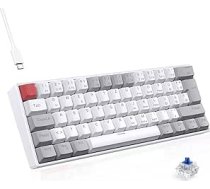 TECURS Mehāniskā spēļu tastatūra ar ziliem slēdžiem (vadu) - QWERTZ DE izkārtojums, LED fona apgaismojums, kompakta 60% tastatūra PC/Windows/PS5/PS4 - balta un pelēka krāsa