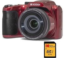 Kodak Pixpro Astro Zoom AZ255 + SD atmiņas karte 32GB - Digitālā tilta kamera 16MP, 25x tālummaiņa, video HD 1080p, platleņķa 24 mm, LCD displejs 3, AA akumulators - Sarkana