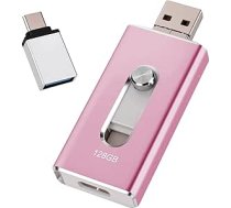 USB zibatmiņas karte 128 GB iPhone, MFi sertificēta 4-in-1 atmiņas karte iPhone/iPad/Android/PC, zibatmiņas diskdziņš ar USB 3.0, Micro USB, USB-C, ātra datu pārsūtīšana, fotoattēlu un video dublējums, rozā krāsā