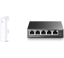 TP-Link Pharos Series CPE510 Outdoor WLAN Access Point White & TL-SG1005P 5-Port Gigabit PoE Switch ar 4 PoE+ pieslēgvietām (65 W, ekranēti RJ-45 porti, IEEE-802.3af/at, Plug & Play uzstādīšana), melns