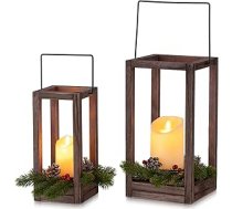 Romadedi Liela koka Ziemassvētku laterna, 2 komplekts, 24/30 cm laterna, sveces, laterna ar Ziemassvētku vainagu un LED svecēm galda dekorēšanai iekštelpās, balkonā, kamīnā, viesistabā, uz palodzes