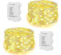 Koopower 2x 50 LED pasaku gaismas ar bateriju un taimeri, IP65 ūdensnecaurlaidīgas lietošanai ārpus telpām un telpās (8 režīmi, 11 m sudraba stieples, silti balta)