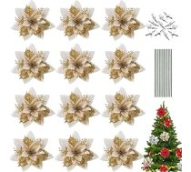 12 Ziemassvētku dzirkstošo poinsēciju ziedu iepakojums, spīdumu dekorācijas Ziemassvētku ziedi ar klipšiem + kātiņi, spīdumu Ziemassvētku ziedu kāzu eglīte, Ziemassvētku eglīte, Ziemassvētku durvju vainags (zelta)