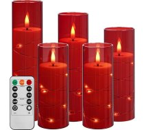 Da by LED sveces ar iestrādātām pasaku gaismiņām, ar baterijām darbināmas sveces ar tālvadības pulti un 24 stundu taimeri, mirgojošas LED sveces Ziemassvētku dekorēšanai, mājas dekorēšanai (sarkanas, 5 gab.)