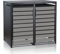 Zelsius atkritumu urnu kastes komplekts ar 2 atkritumu urnām uz riteņiem (W) 132 x (D) 80 x (H) 117 cm Antracīts RAL7016 Durvis gaiši pelēkā koka krāsā ar pagarinājuma iespēju | Atkritumu urnu kastes vāks, dārza atkritumu urnu kaste