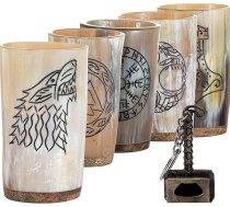 FENRIR Vikingu dzeramo ragu krūžu komplekts no 5 krūzēm | Dabīgo vēršu ragu šotbaseinu komplekts | Viduslaiku vikingu ragu krūzes | Ziemeļvalstu medalus Ale alus Viskija akmens | Skaļš kauss Tumbler Horn | Unikālas dāvanas vīriešiem | 10oz