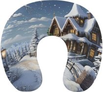 Ziemassvētku ziemas priecīga aina ceļojuma spilvens, ērts ceļojuma kakla spilvens, U formas atbalsts galvai, lai mazinātu nogurumu, pārnēsājams spilvens, piemērots lidmašīnām, vilcieniem, pašbraucošām automašīnām