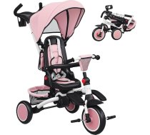 AIYAPLAY 6-in-1 bērnu tricikls, kas aug līdzi bērnam, salokāms, ar regulējamu rokturi vecākiem un noņemamu kapuci, 360° pagriežamu sēdekli, ratiņiem ar drošības jostu, grozu un somu (rozā)