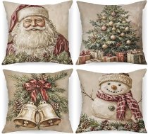 Lanpn Ziemassvētku spilvena pārvalks, 4 gabali, plīša Ziemassvētku spilvena pārvalks, 45 x 45 cm, Santa Claus Sniegavīrs Dekoratīvais spilvena pārvalks ziemai, brīvdienām, lauku mājai, iekštelpām, viesistabai, dīvānam, Ziemassvētku mājai