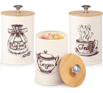 Tējas, kafijas, cukura un tējas kanna, 3 gab., 1000 ml metāla virtuves trauku komplekts ar hermētisku koka vāku, 13 x 9,5 cm, darba virsmas kvadrātveida tējas kanna šķīvju tējai, kafijai, saldumiem, garšaugiem (bēšs)