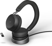 Jabra Evolve2 75 bezvadu austiņas ar uzlādes doku, 8 Micro tehnoloģiju - dubultās putu stereo austiņas ar modernu aktīvo trokšņu slāpēšanu, USB-A Bluetooth adapteri un saderību ar MS - melnas krāsas