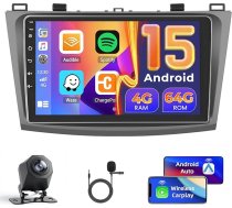 4 + 64 GB Auto Radio Android 15 priekš Mazda 3 2009-2013 ar 9 collu skārienekrānu, Radio ar bezvadu Carplay Android auto FM/RDS radio BT GPS WiFi SWC 32EQ atpakaļgaitas kamera + mikrofons