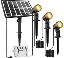 MEIKEE Saules prožektors lietošanai ārā, 3 gabali, 2700 K silti balta saules gaisma lietošanai ārā, 5000 mAh, IP66 ūdensizturīgs, 3 spilgtumi, 2 režīmi, no krēsla līdz rītausmai, saules dārza apgaismojums, dārzs, zāliens, terase, koki, ba